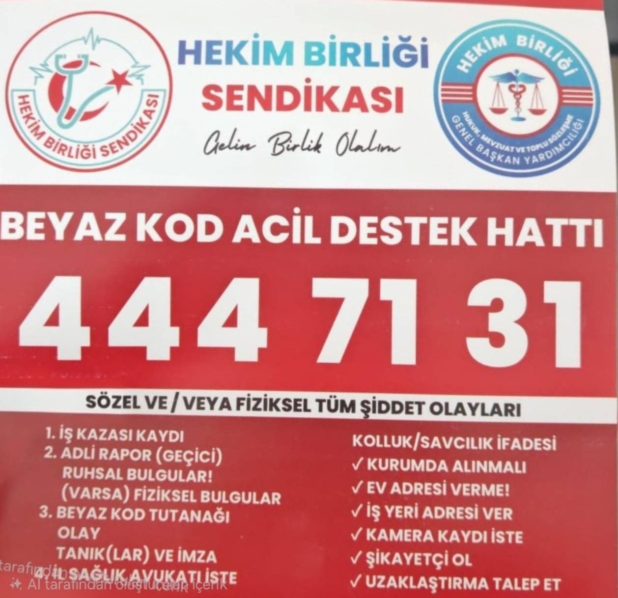 Hekim Birliği Beyaz Kod Acil Hukuk Destek Hattı Hizmette